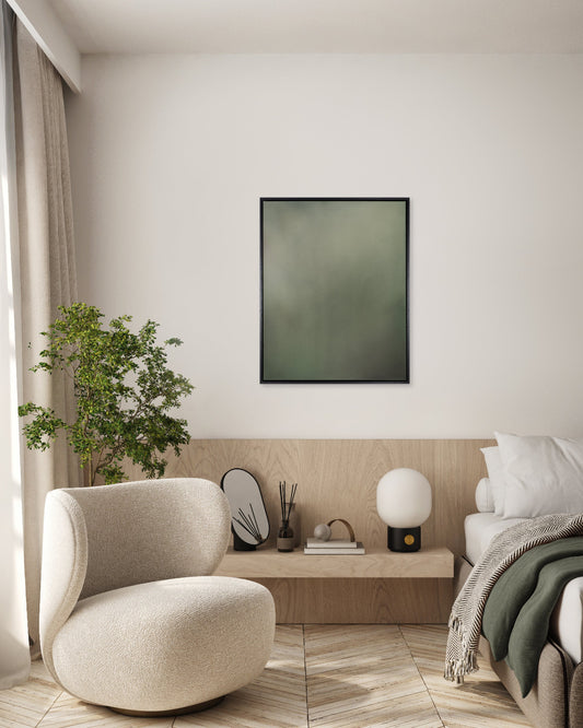 'Green Space' artwork in-situ in a modern bedroom
