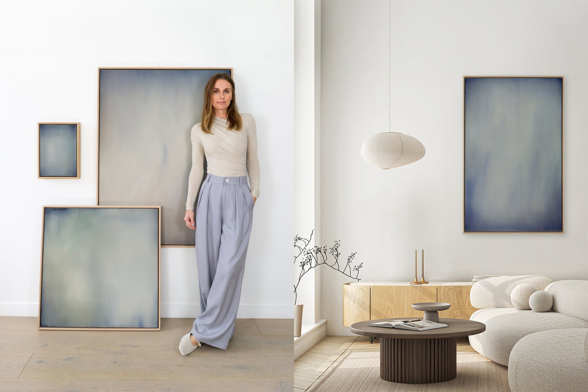 Artist Michelle Wilkin with artwork from her SALT series
