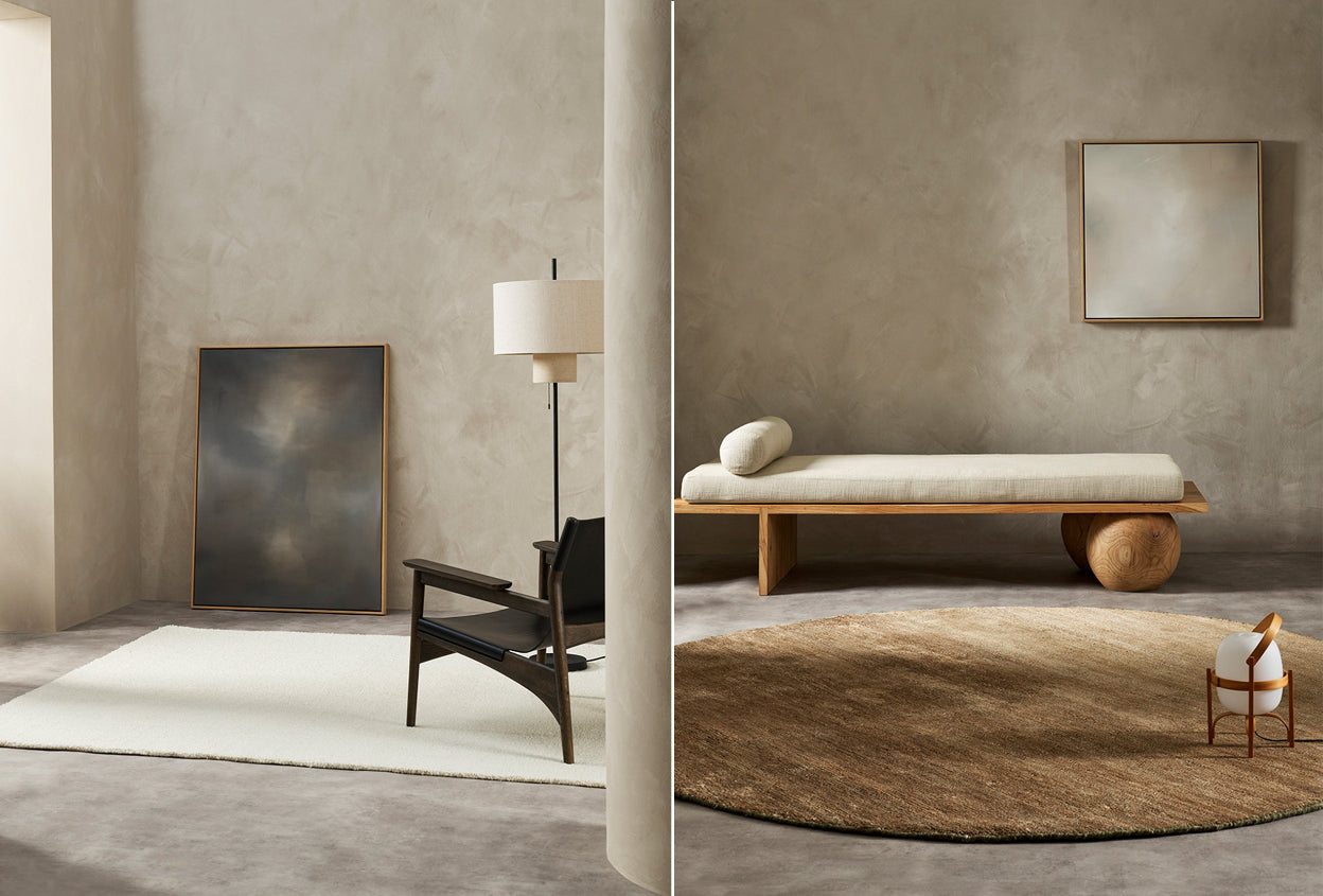 Michelle Wilkin's original fine artworks featured in the Baya Living 2024/25 catalogue, styled by Michelle Halford